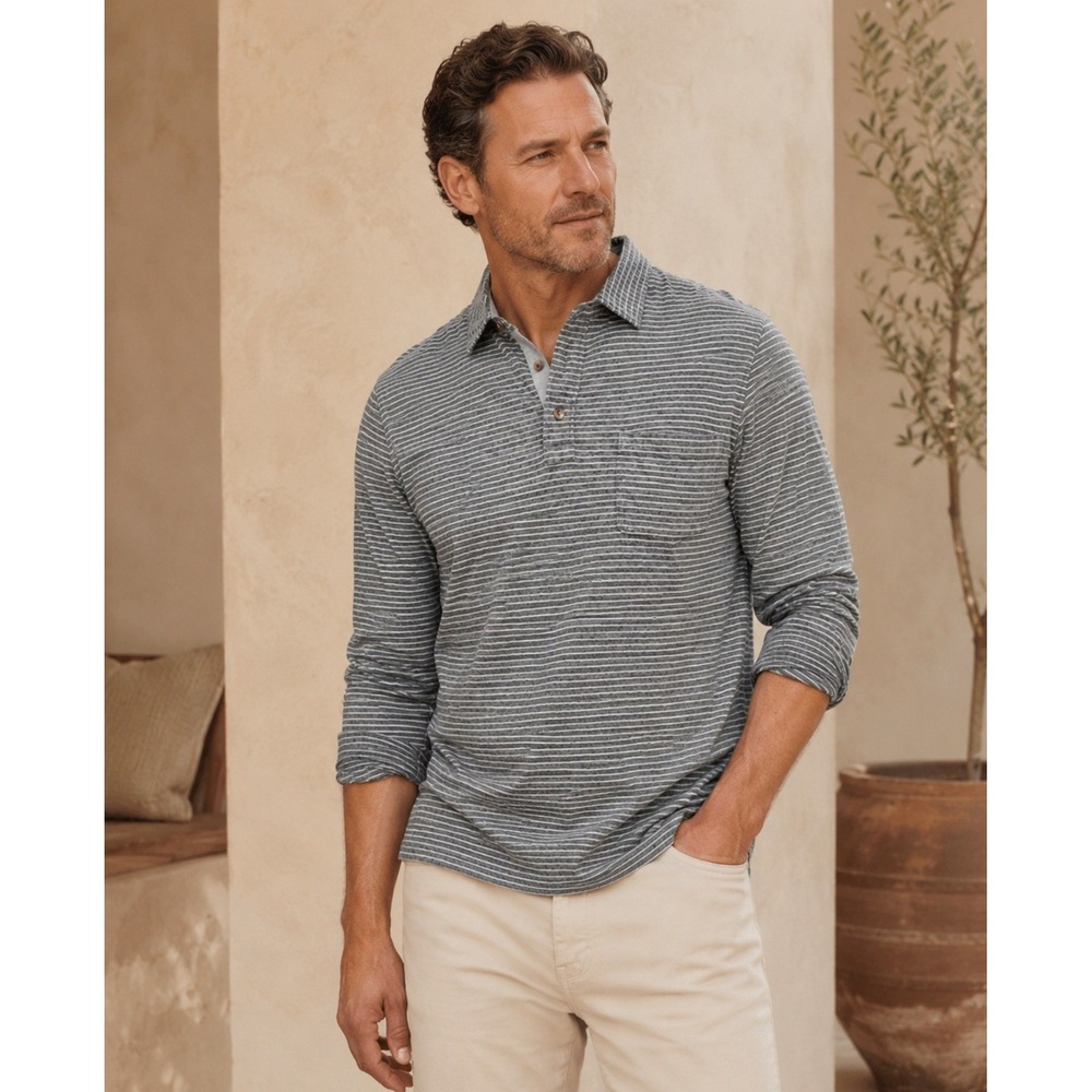 Faherty Brand Mens Grey Striped Long Sleeve Polo Shirt‎ MKH2226-CGS XXL